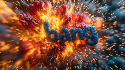 Fototapete - Captivating close up view of a bold three dimensional bang text explosion in a dynamic comic book style filled with bright vibrant colors radiating motion lines and bursts of sparks and fire