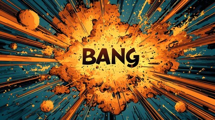 Fototapete - Striking 3D Bang Text in a Vibrant Comic Style Explosion with Bright Colors Dynamic Motion Lines and Fiery Sparks Radiating Outward