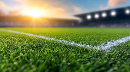 Poster - Closeup view of a glowing green sports field with sharp crisp white boundary lines bathed in a soft golden rim lighting that highlights the rich textured surface of the grassy turf