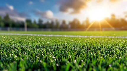 Poster - Stunning close up of a lush green sports turf surface featuring bright white boundary lines and a warm golden rimlight that adds depth and inviting ambience to the serene geometric landscape