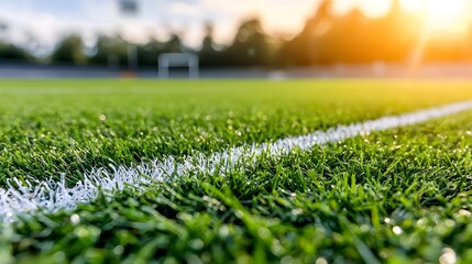 Poster - Close up view of a lush green sports field with sharp white lines the grass highlighted by a warm golden rimlight that enhances the fine texture and vibrant colors