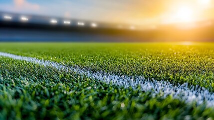 Poster - Vibrant and detailed close up view of a sports field with sharp textured green grass illuminated by a warm golden rimlight capturing the rich hues lush textures