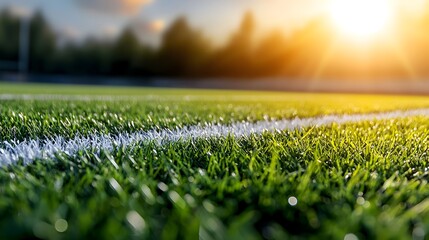 Poster - Lush and Vibrant Green Sports Field with Sharp White Lines and Illuminating Golden Rimlight Capturing the Textural Details and Hues of the Grassy Playing Surface