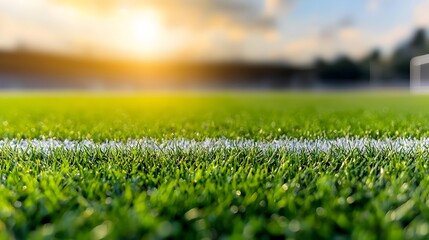 Poster - Close up of a vibrant green sports field with sharp white lines the grass illuminated by a golden rimlight that captures the intricate textures and hues of the playing surface