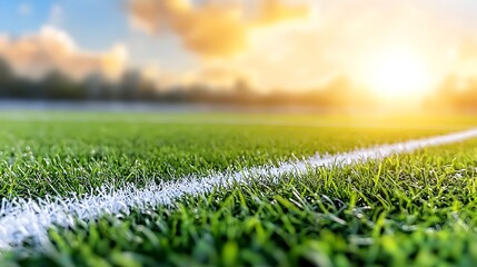 Poster - A serene and detailed sports field scene with sharp white lines contrasting against the lush glowing green grass bathed in a soft golden rimlight creating a peaceful and tranquil atmosphere