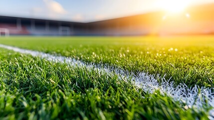 Poster - Close up view of a lush vibrant green sports field with sharp contrasting white lines  The warm golden rimlight adds a beautiful glow and rich texture to the athletic playing surface