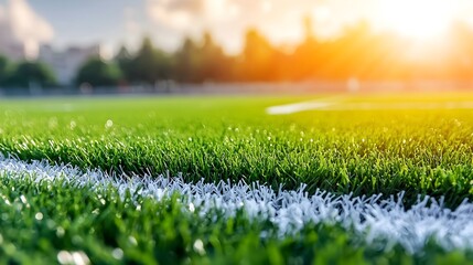 Poster - Close up view of a sports field s lush vibrant green grass and sharp distinct white lines with a warm golden rimlight adding a captivating glow to the rich textured surface