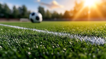 Poster - Closeup of a green sports turf field with clearly defined white lines illuminated by a warm golden rimlight creating a serene and inviting athletic atmosphere