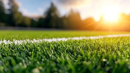 Poster - Close up of bright white lines on lush green sports grass turf golden rim light softly highlighting the vibrant colors and fine textures of the surface