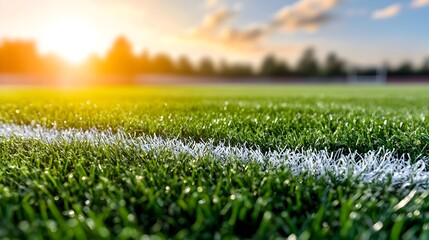 Poster - Closeup of Bright White Geometric Lines Overlaying Lush Green Sports Turf with Soft Golden Rim Lighting Gently Illuminating the Vibrant Colors and Fine Textures of the Surface