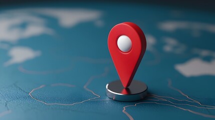 Aufkleber - Close up view of a navigation pin marker positioned on a blue glowing world map surrounded by modern futuristic design elements and soft lighting