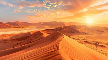 Aufkleber - A dramatic view of the vast dunes of the Namib Desert with shifting sand patterns and a vibrant sunrise casting long shadows, desert setting with warm oranges and reds, Namib style