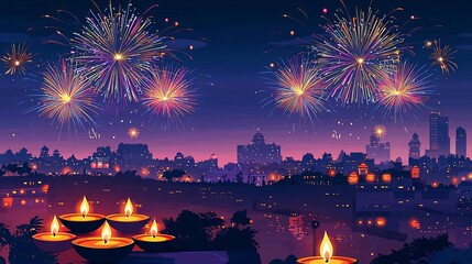 Wall Mural - Indian Happy Diwali Fireworks illuminating Indian skyline, Diwali night, no face, flat design illustration