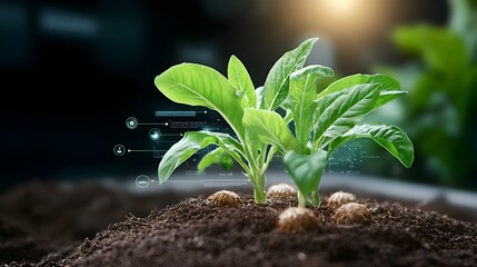 Aufkleber - Futuristic smart farming showcasing the of precision agriculture data and sustainable growth solutions with corn seedlings and informative infographics