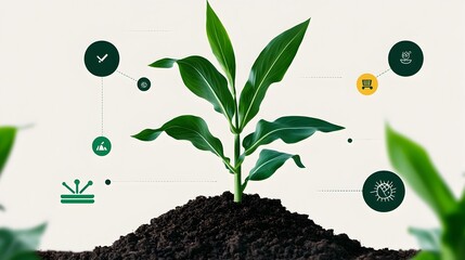 Poster - of corn seedlings surrounded by infographics highlighting precision agriculture tools and innovative farming methods for improved sustainability and productivity
