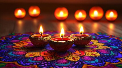 Wall Mural - Indian Happy Diwali Diwali festival with illuminated lanterns and rangoli, no face, flat design illustration