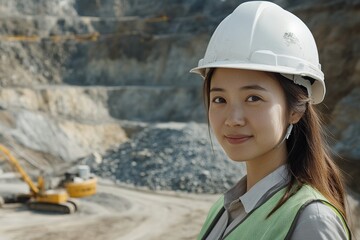 A Chinese woman mining engineer. The engineer is in front of an open mine site where work is taking place. The engineer is wearing a white hard hat and a green vest. The engineer smiles