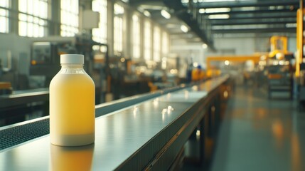 A bottle mockup moves along a conveyor, illustrating the busy production line in a factory