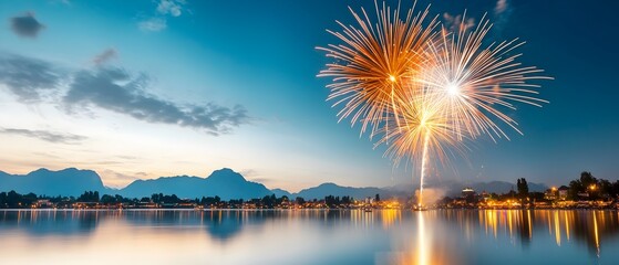 Vibrant colorful fireworks lighting up the calm tranquil night sky over a still reflective lake as part of a grand festive The dazzling display is mirrored on the water s surface