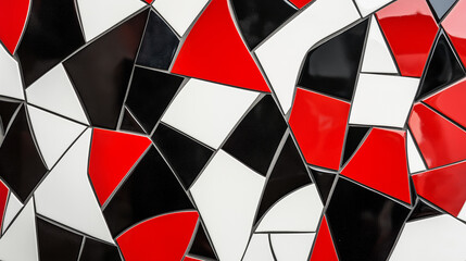 Modern abstract mosaic tile pattern with asymmetrical shapes and a bold color palette of black