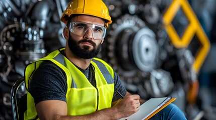 Leinwandbilder - Portrait of an Engineer Wearing a Yellow Safety Vest and Helmet Sitting with a Notebook in Front of Industrial Machinery and Equipment in an Engine Room or Workshop Setting