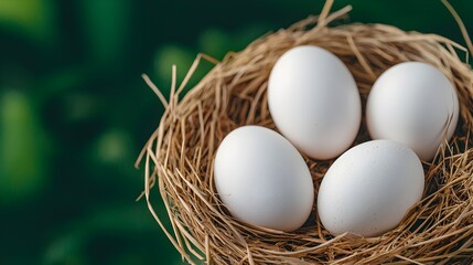 Aufkleber - Freshly Laid White Chicken Eggs Carefully Arranged in a Cozy Nest of Straw Grass with Soft Natural Light Illuminating the Simple Rustic Farmhouse Scene Perfect for Organic and Agriculture Visuals