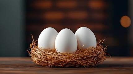 Aufkleber - Three white chicken eggs resting in a delicate nest woven with straw grass showcasing a warm and inviting countryside feel with subtle natural lighting