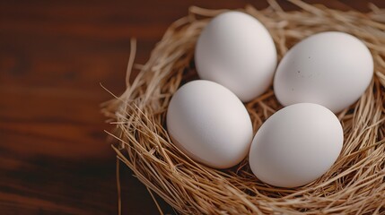 Aufkleber - Rustic scene featuring a nest of straw grass with white farm fresh eggs softly illuminated by warm natural light and gentle shadows highlighting the simplicity and tranquility of rural life