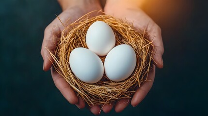 Aufkleber - Arrangement of freshly laid white chicken eggs nestled in a rustic straw nest with soft warm sunlight filtering through to create a natural