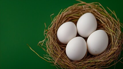Poster - Close up photograph showcasing the simplistic beauty and freshness of white eggs nestled in a bed of soft natural straw grass with captivating textures and soft natural lighting