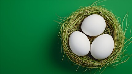 Aufkleber - Closeup of white eggs nestled in a nest of straw grass with natural textures and soft lighting evoking the simplicity and freshness of farm life for images