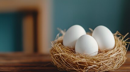 Aufkleber - Rustic nest of straw grass cradling delicate farm fresh eggs showcasing the natural textures and gentle light to evoke a sense of simplicity purity and the tranquility of country living for images