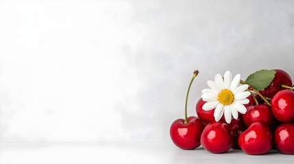 Poster - Vibrant red cherries and a delicate white daisy flower resting together on a clean white surface creating a balanced and serene natural composition for food and nature images