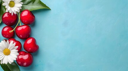 Poster - Vibrant red cherries and a delicate white daisy flower arranged together on a soft clean white background