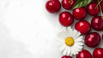 Poster - Elegantly displayed ripe red cherries with a single delicate white daisy flower artfully arranged on a clean white background  This simple yet beautiful still life evokes freshness nature