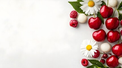 Poster - Minimalistic and Elegant Floral Arrangement Highlighting the Simple Beauty of Fresh Cherries and a White Daisy on a Clean White Background