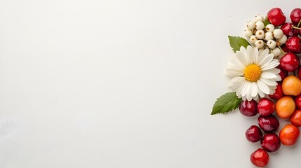 Poster - Delicate white daisy flower nestled among fresh vibrant red cherries on a plain white studio background creating a soft and visually striking contrast for use in imagery and photography