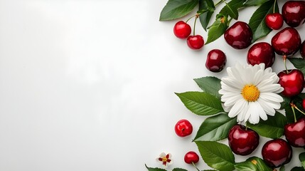 Poster - Delicate white daisy flower nestled among fresh juicy red cherries set against a plain white background creating a soft and vibrant contrast for imagery and design