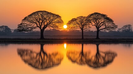 Golden sunrise casts reflections on serene lake with silhouetted trees at dawn, creating a tranquil moment of nature\'s beauty