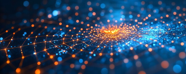 Glowing orange blue digital spider web network on dark background. Abstract combination of modern digital technology and Halloween holiday. Template with copy space for backdrop or banner design