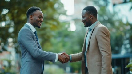 Two men exchanging handshake in business scene