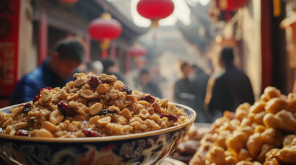 Laba Festival, people gather in traditional Chinese homes, enjoying a big bowl of Laba porridge filled with nuts and dried fruits, Ai generated images