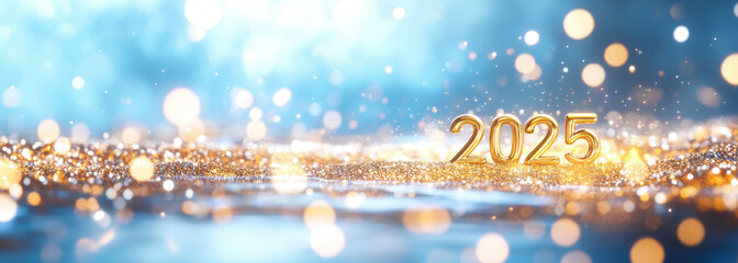 Wall Mural - glittering 2025 reflections with sparkling golden bokeh in blue background