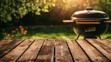 BBQ grill in garden backyard background with empty wooden rustic table. Wood table in foreground and barbecue grill green yard backdrop