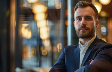 Businessman portrait inside office in business suit. Young company leader in corporate business culture. Manager, lawyer, entrepreneur, corporation president, CEO director, executive chief