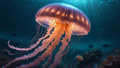 A majestic jellyfish radiates ethereal light, guiding lost sailors through treacherous waters, embodying the spirit of the ocean's protector, Generative AI