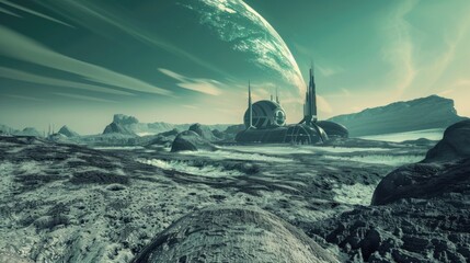 Poster - A futuristic space colony on an alien planet with futuristic technology, Sci-fi setting with space exploration, Futuristic style