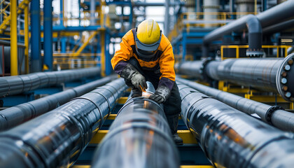 Welder performing welding work on pipeline against blurred background of factory