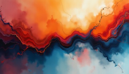 Wall Mural - an abstract background with fluid waves of red, orange, and blue, creating a vibrant and dynamic vis