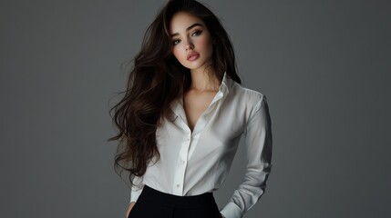 A beautiful young woman with long brown hair is wearing a white button down shirt and black pants. She is looking at the camera with a confident expression.